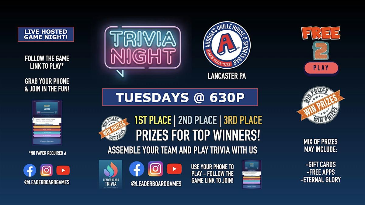 Trivia Night | Arooga's - Lancaster PA - TUE 630p - @LeaderboardGames