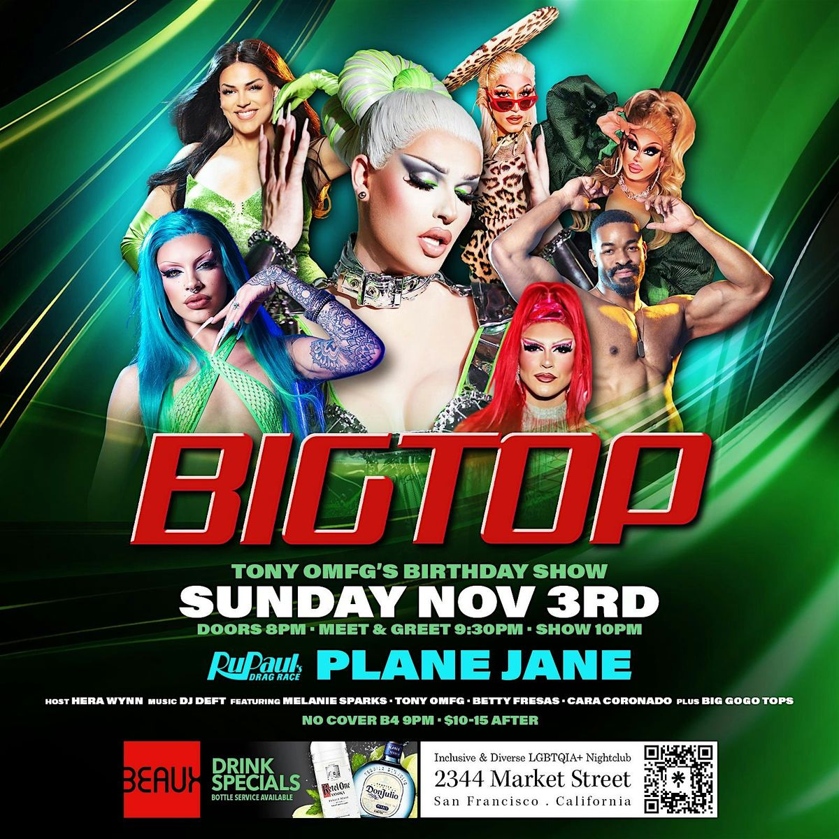 Plane Jane at Big Top Sundays Nov 3rd only at Beaux in the Castro!