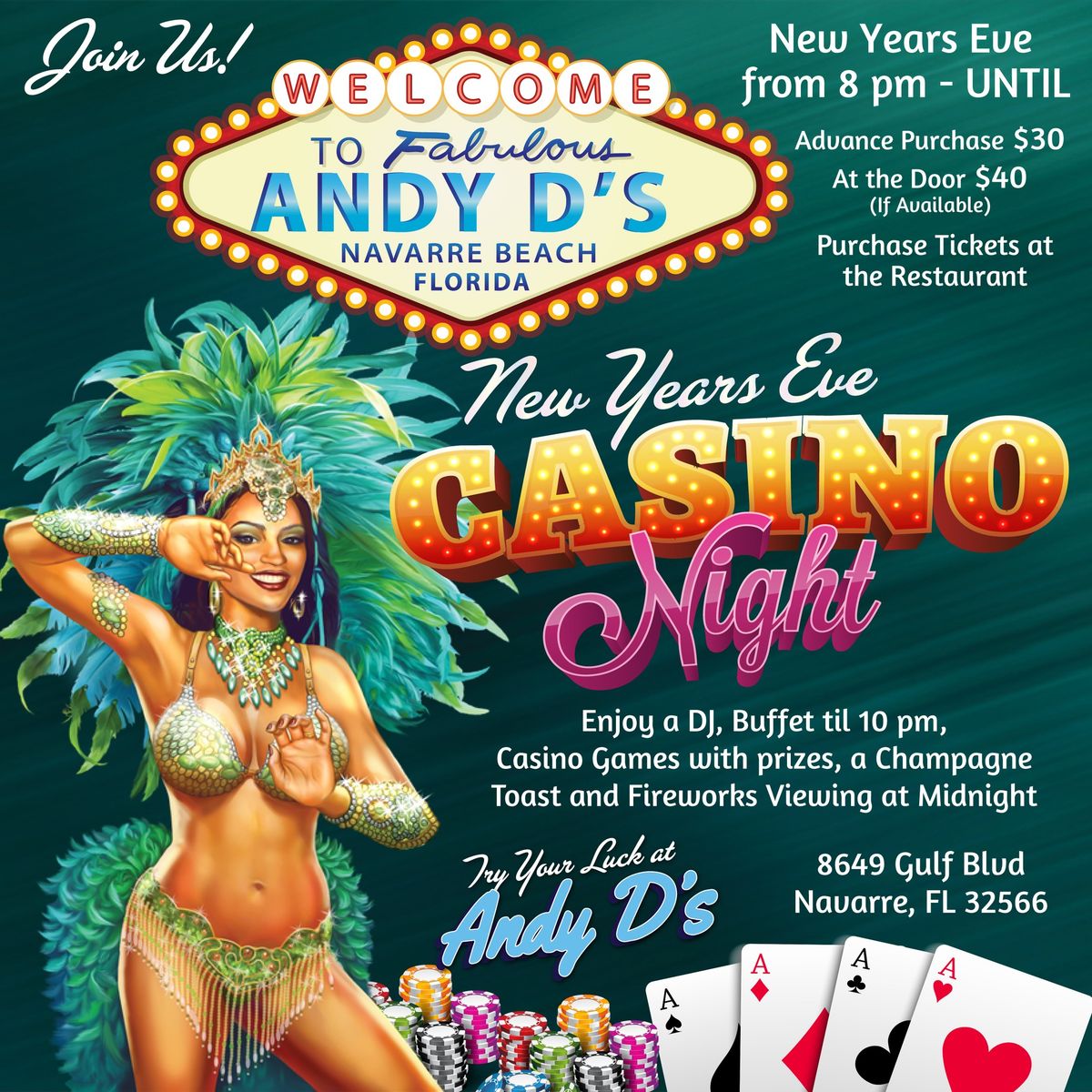 NYE Vegas Casino Night at Andy D's on Navarre Beach