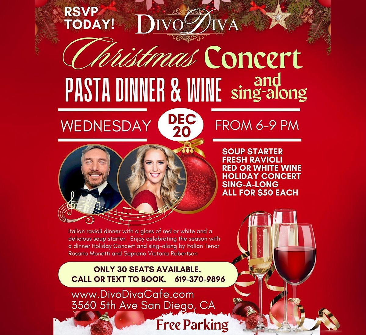 Christmas Concert and Dinner Show, Divo Diva, San Diego, 20 December 2023