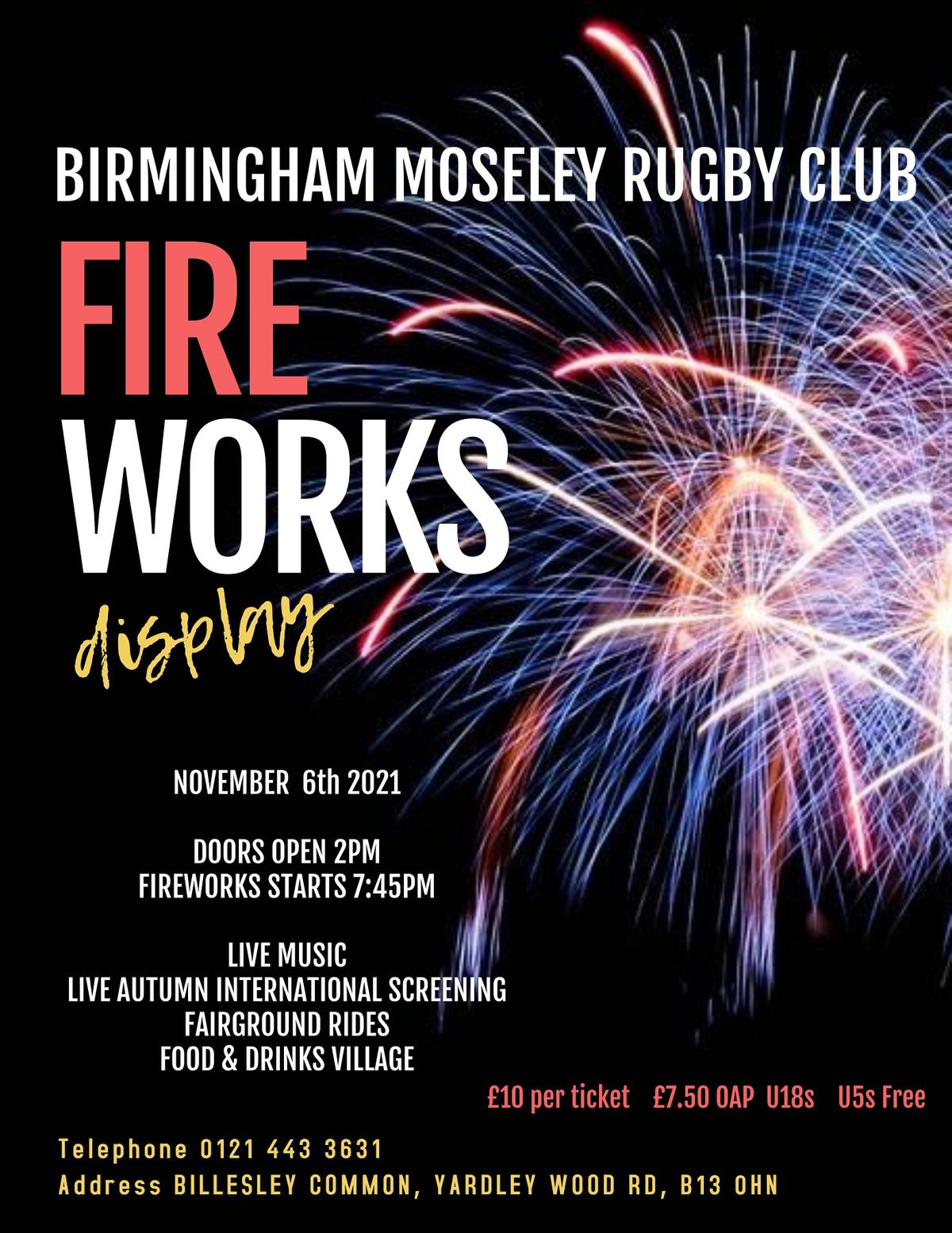Birmingham Moseley Rugby Club Fireworks Display, Birmingham Moseley