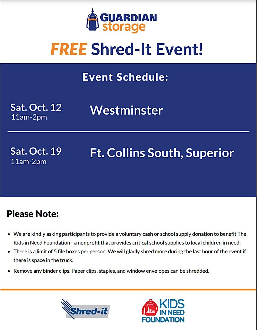 Guardian Storage Fall 2024 Free Shred-It Event