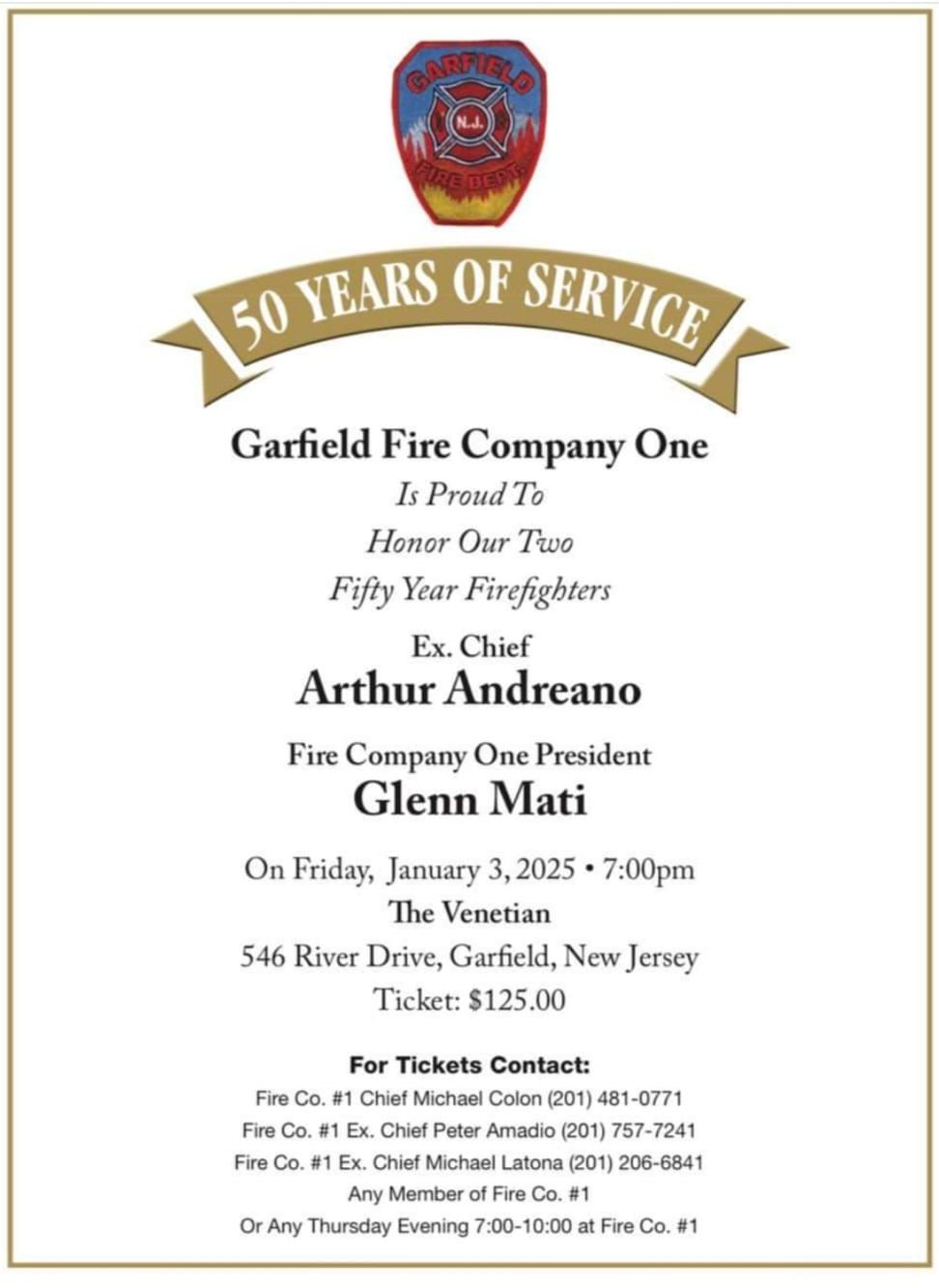 Garfield Fire Company One Honors 50 Year firefighters - Artie Andreano Ex.Chief