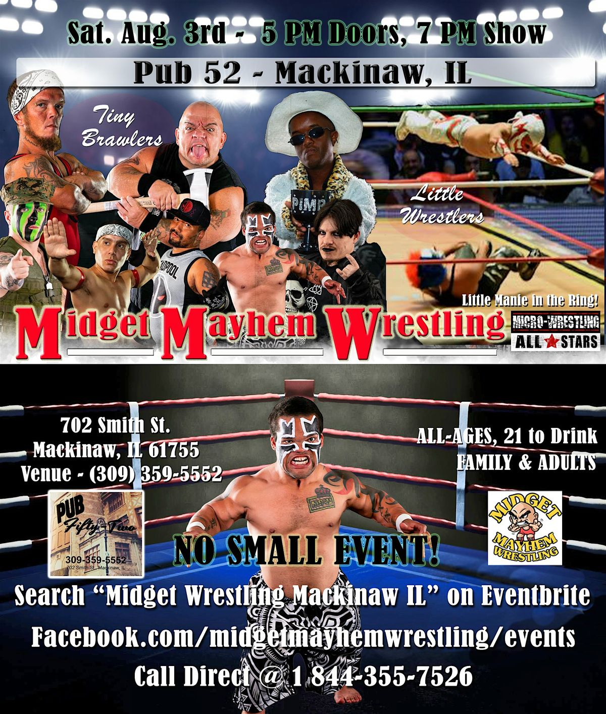 Midget Mayhem Wrestling Rips Through the Ring!  Mackinaw IL (All-Ages)