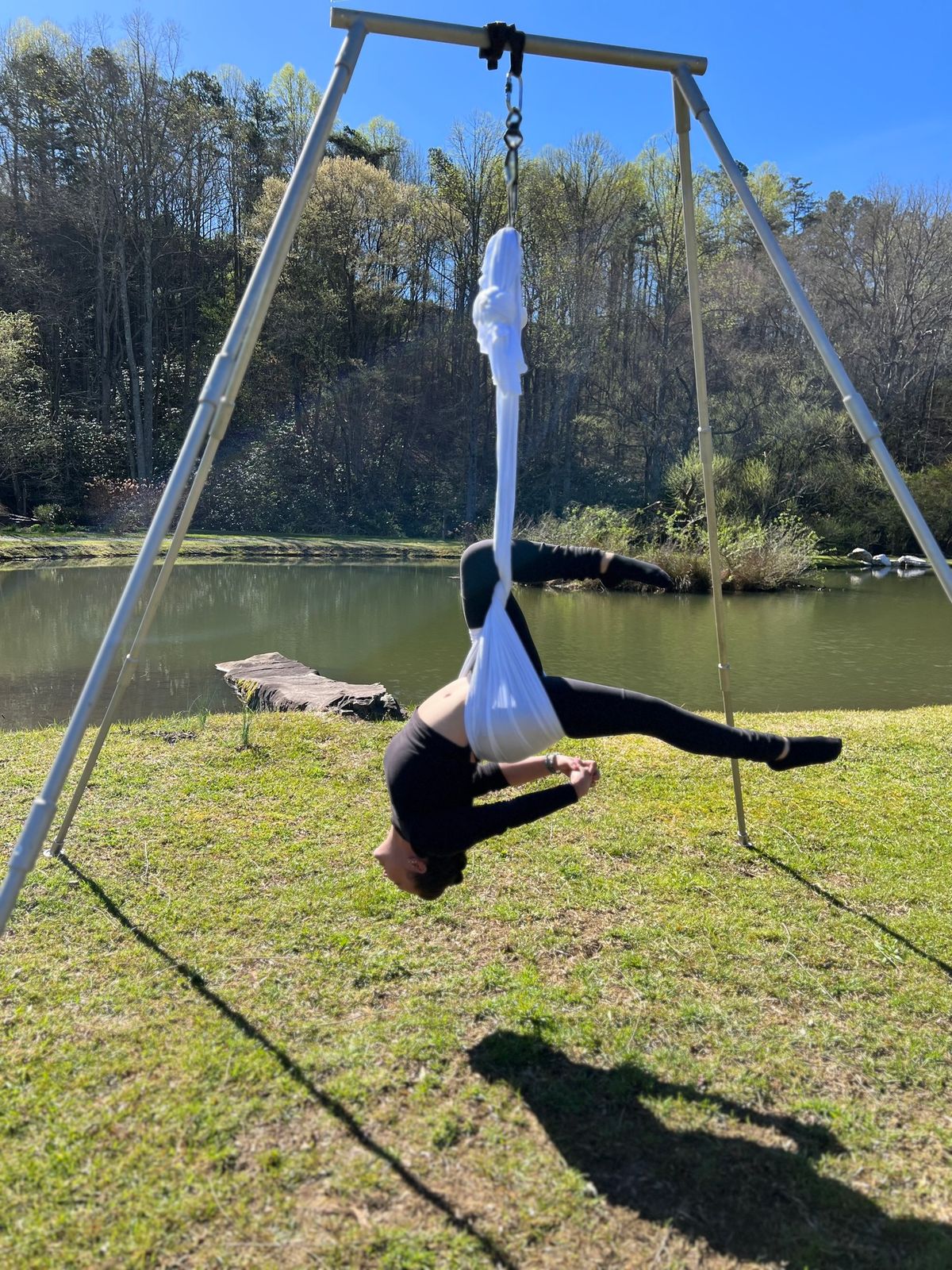 Aerial Yoga Around the Pond