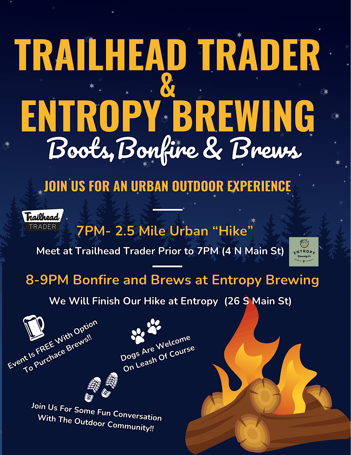 Boots, Bonfire and Brews with Trailhead Trader and Entropy Brewing