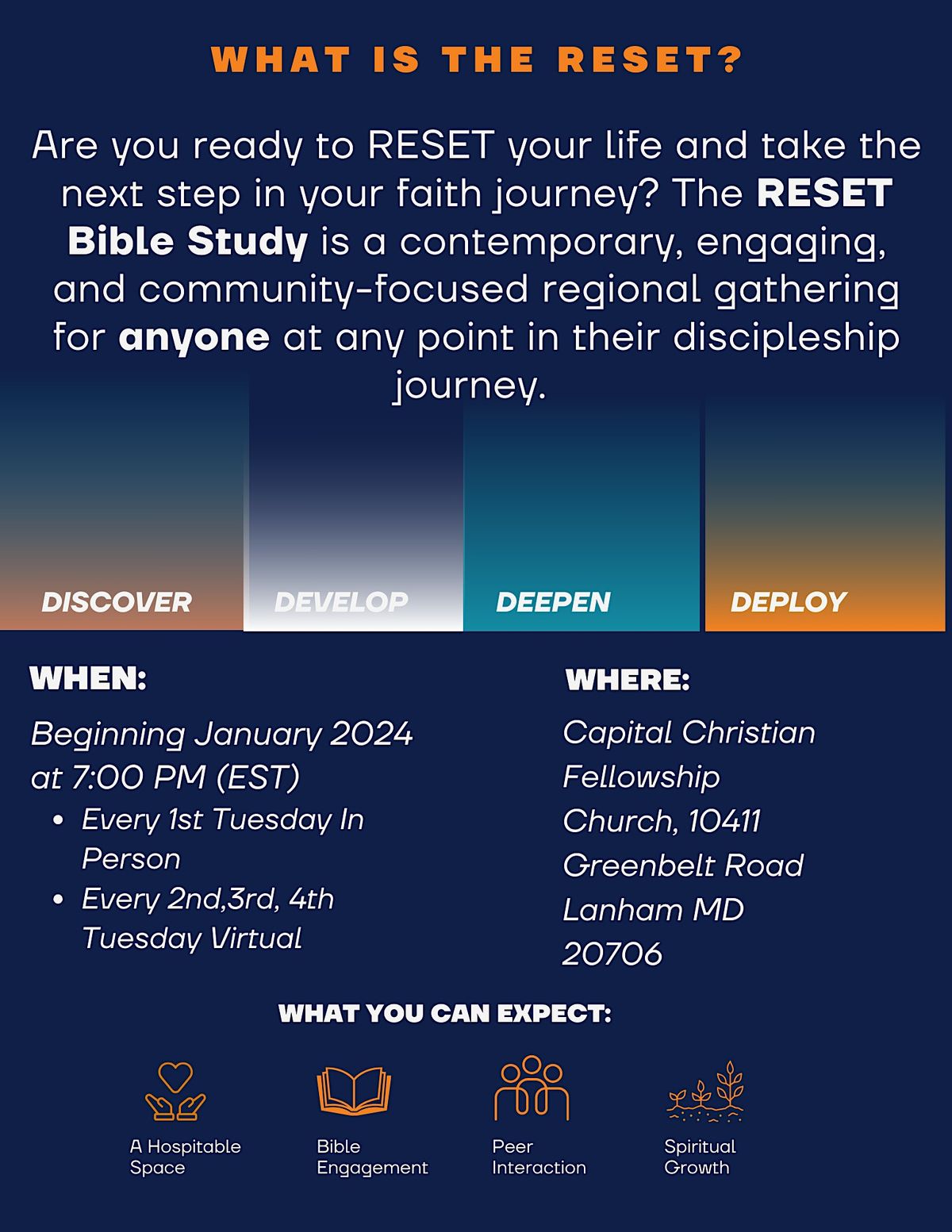 The RESET Bible Study - Discover, Develop, Deepen, and Deploy your faith.