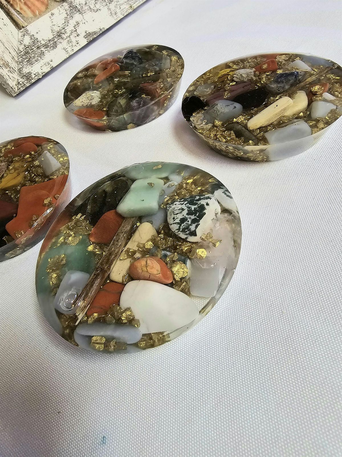 Resin coasters made with crystals and natural elements