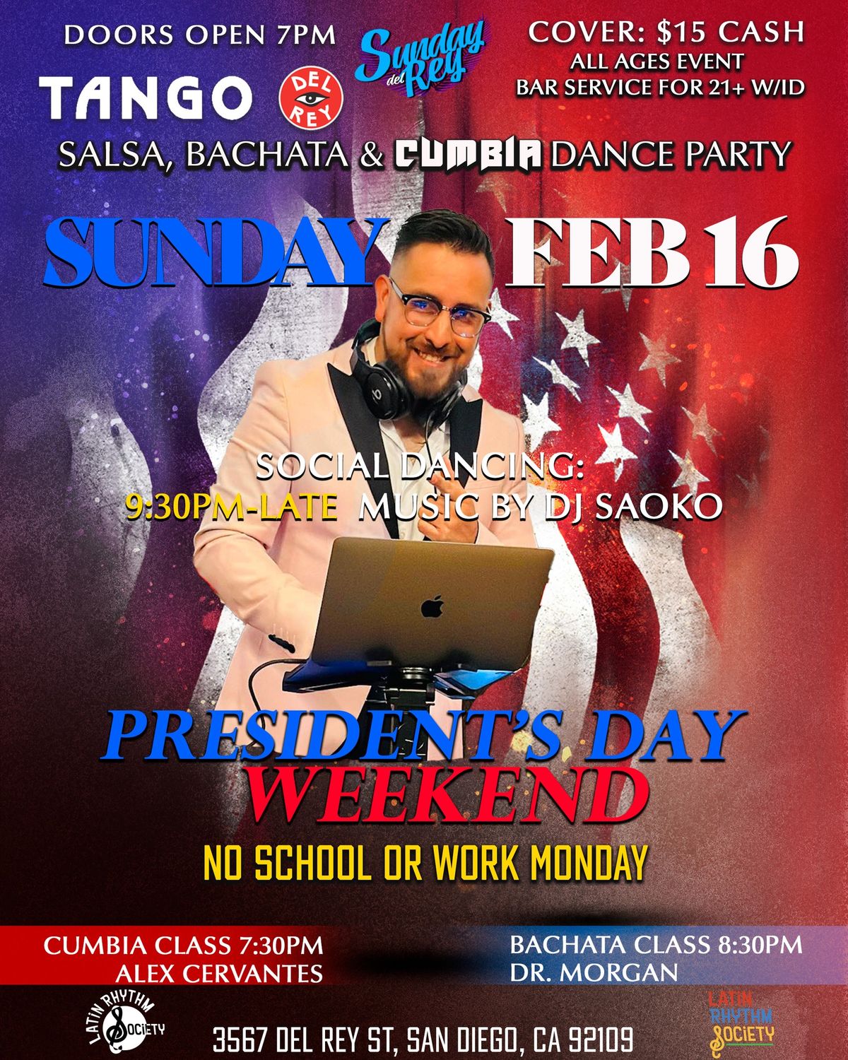 SUNDAY DEL REY SALSA BACHATA & CUMBIA DANCE PARTY SUNDAY FEB 16