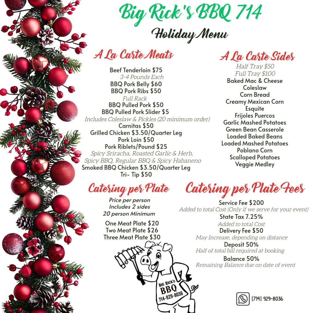 Big Rick's BBQ 714, Holiday Catering Menu