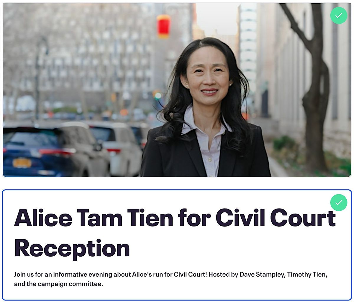 Alice Tam Tien for Civil Court: Free Reception