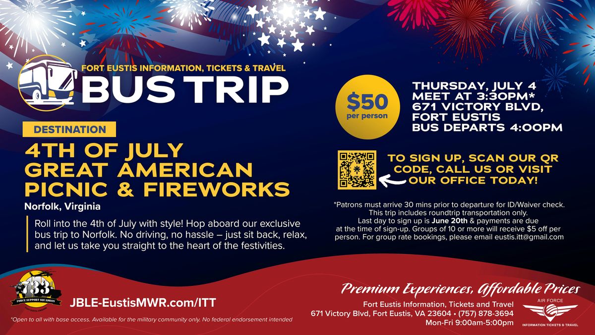Fort Eustis ITT Bus Trip: The Great American Picnic & Fireworks