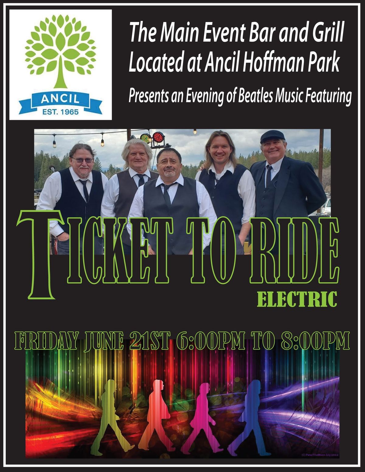 Beatles & Brew!!! Ticket To Ride Electric at Main Event Bar & Grill, 6 to 8 PM, Friday June 21st!