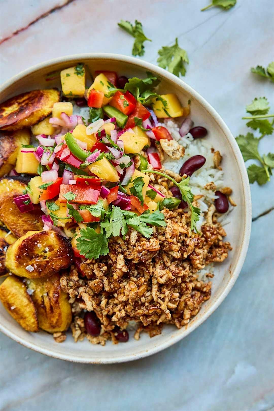 Free Online Cooking Class!  Jerk Shredded Tofu Bowls With Mango Salsa