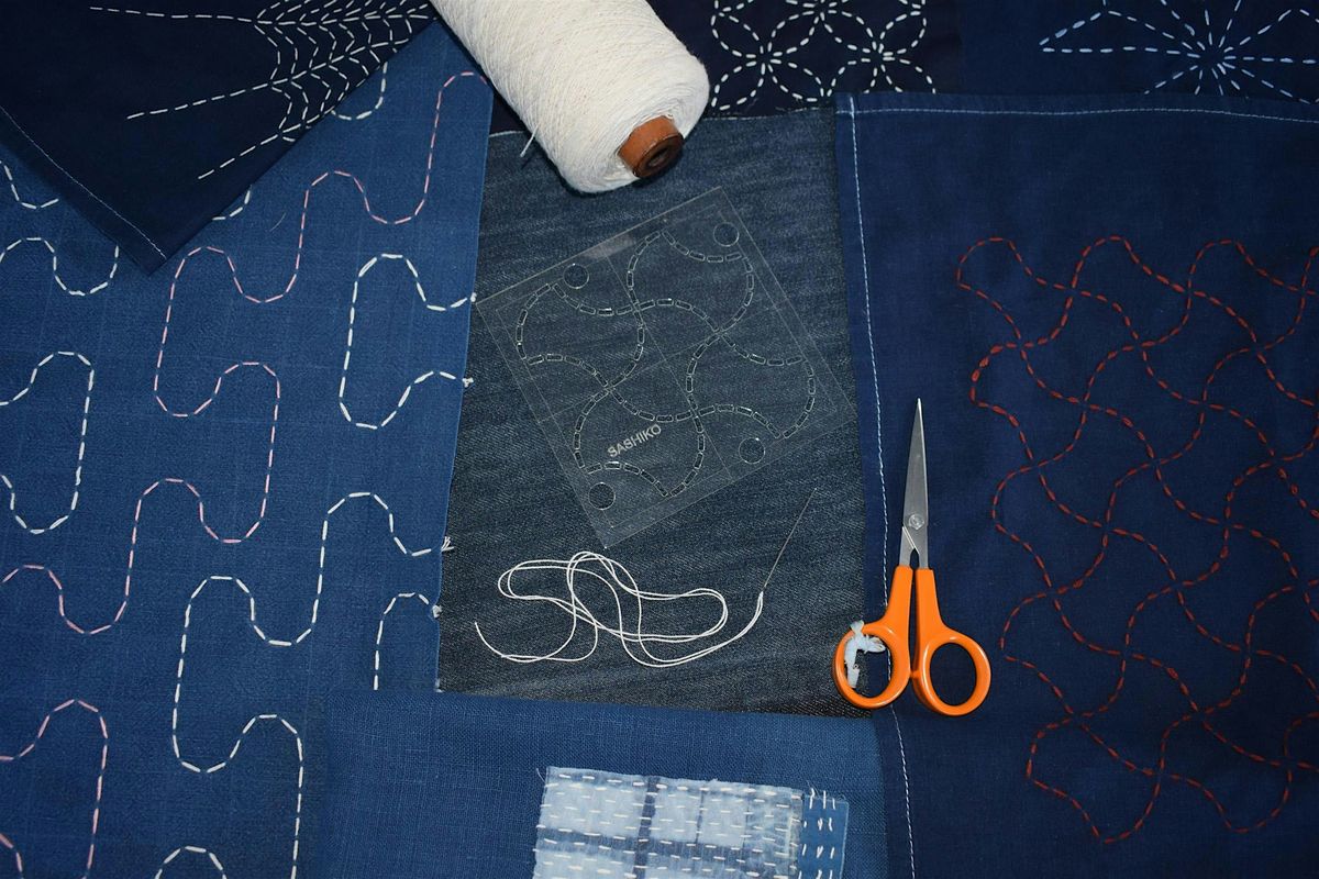 Japanese Moyozashi (pattern) Sashiko embroidery in Artist's studio