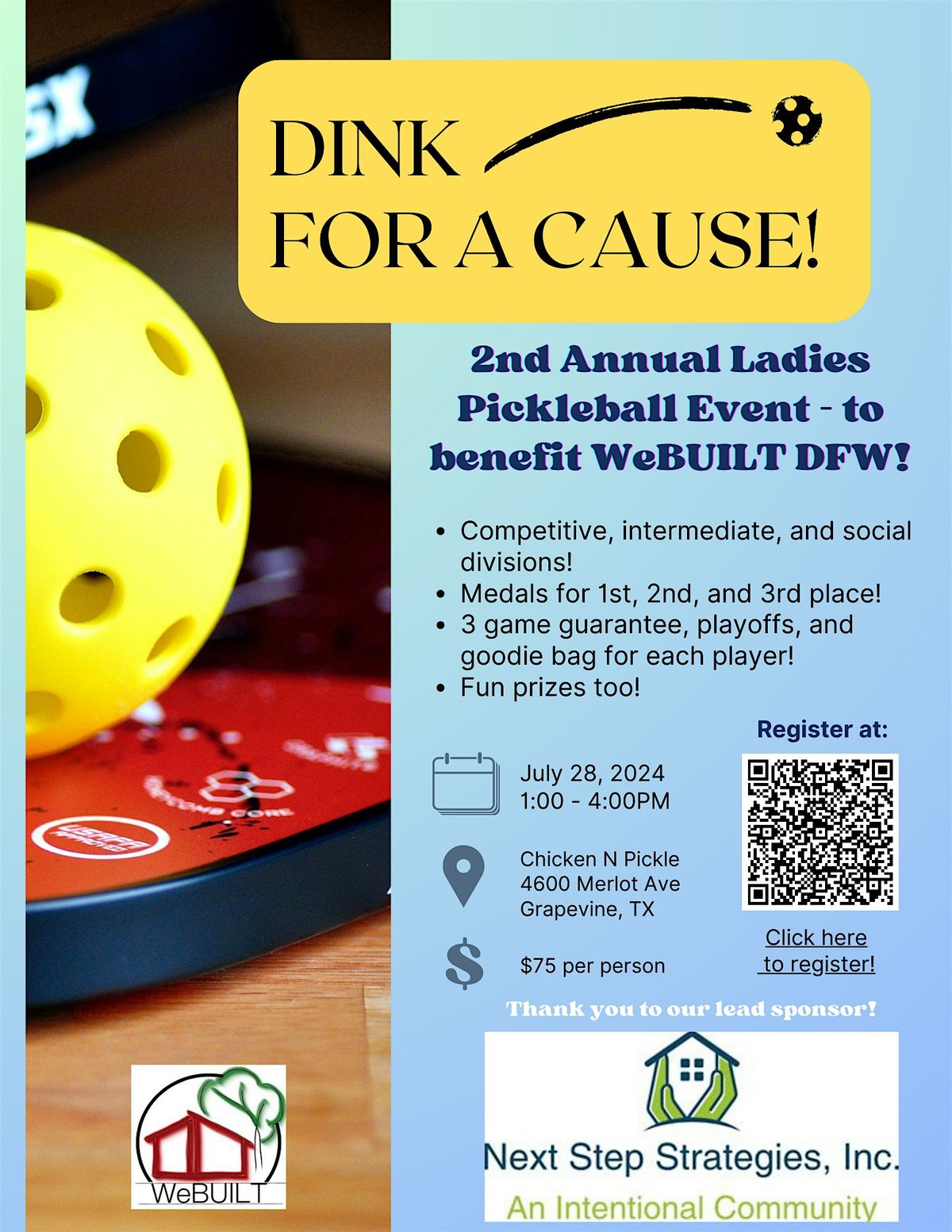 Dink for a Cause Ladies Pickleball Tournament benefiting WeBUILT DFW