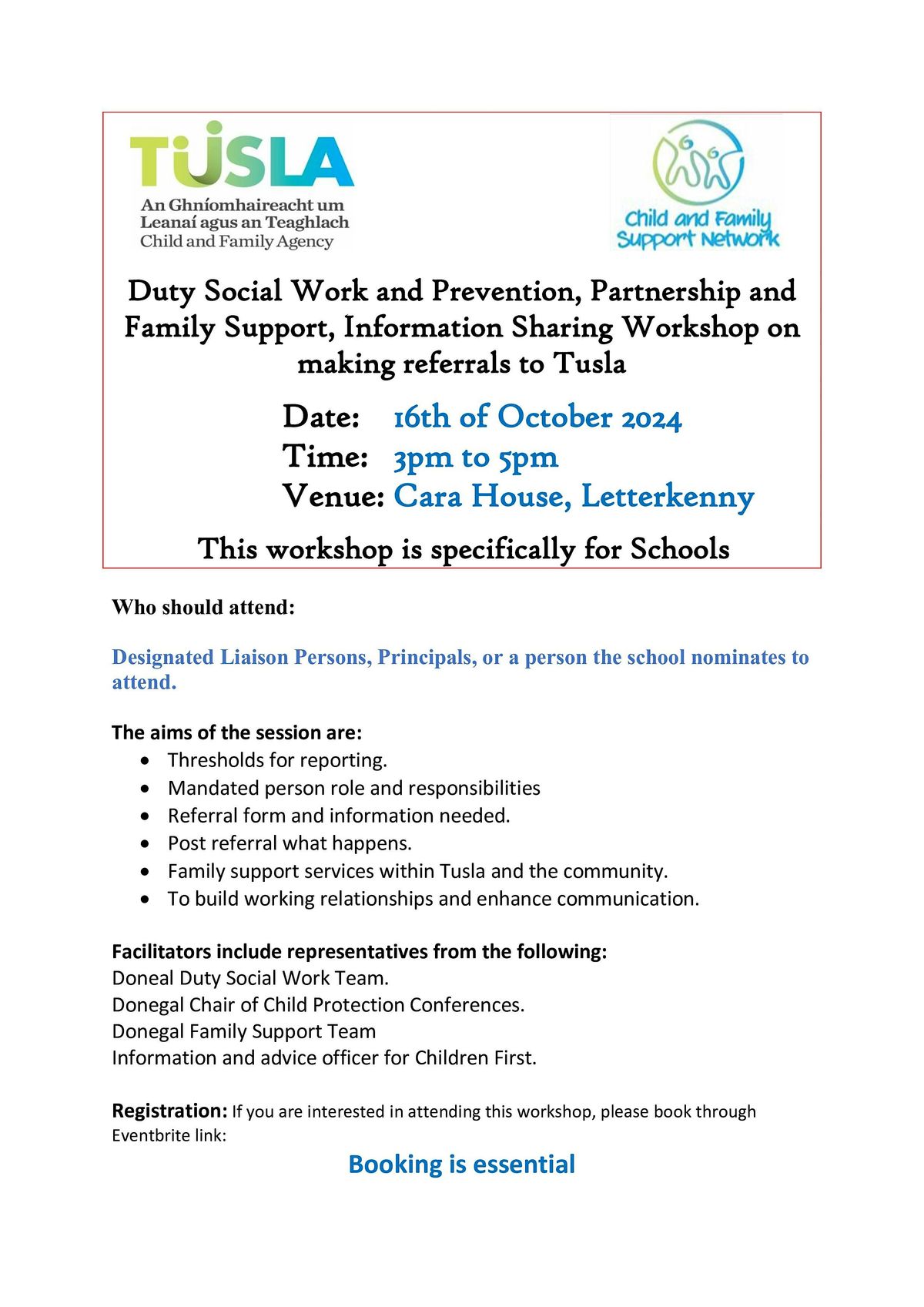 Duty Social Work & PPFS information Workshop on making referrals to Tusla