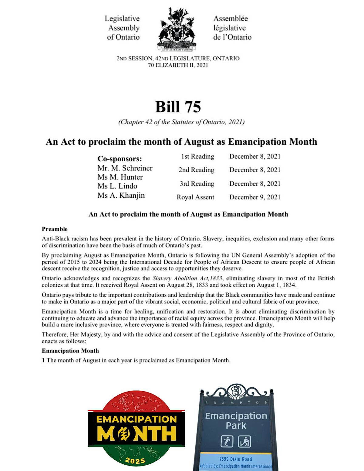 Emancipation Month Bill 75  4th Annual Royal Assent Anniversary
