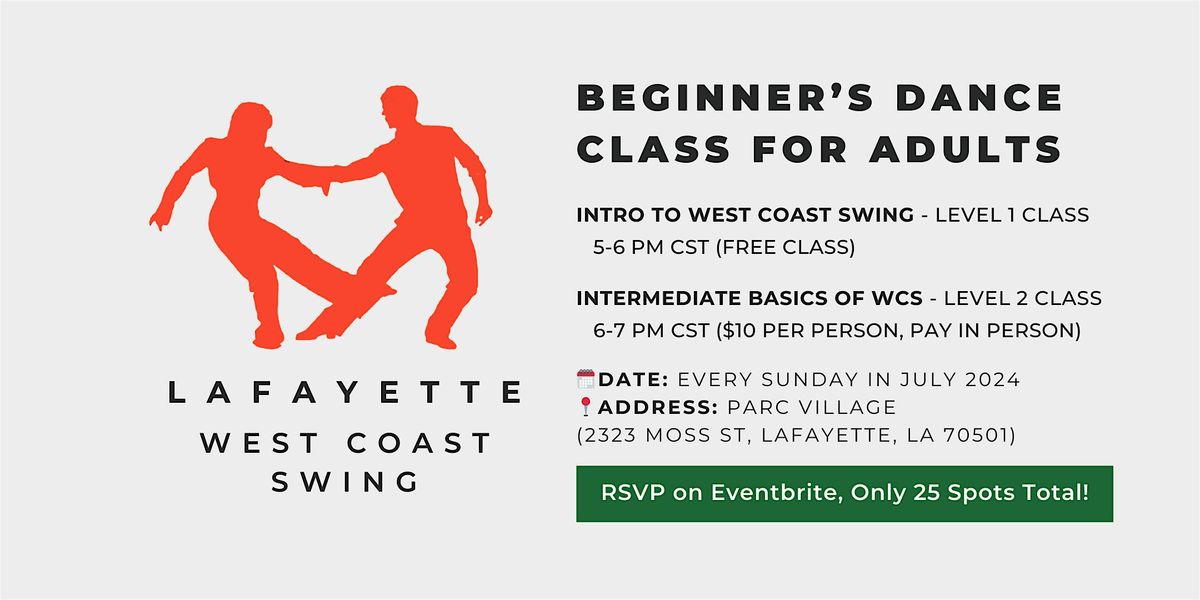 West Coast Swing - Dance Class  For Adults | Free: 5-6 PM, $10 from 6-7 PM