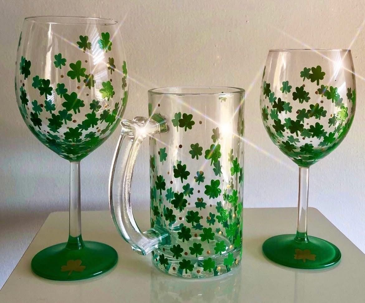 St Patrick's paint a pair of pilsner glasses  at Bailey's surf and turf in Wareham