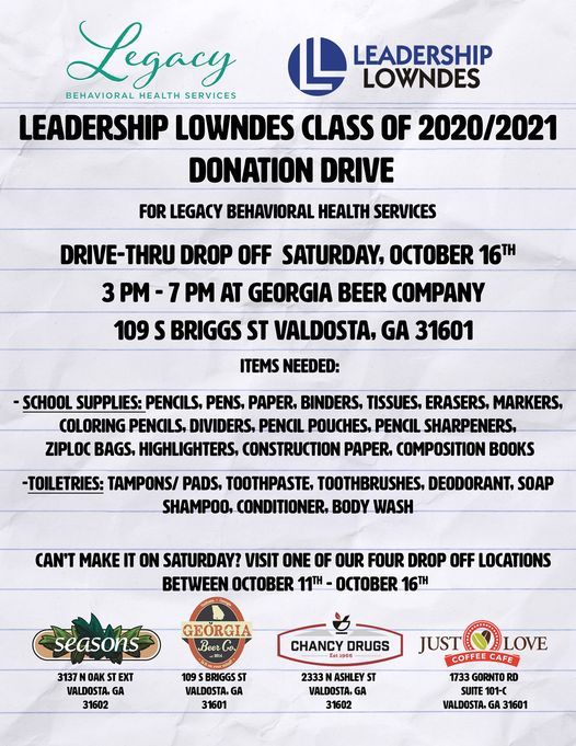 Leadership Lowndes Donation Drive to benefit Legacy Behavioral Health Services