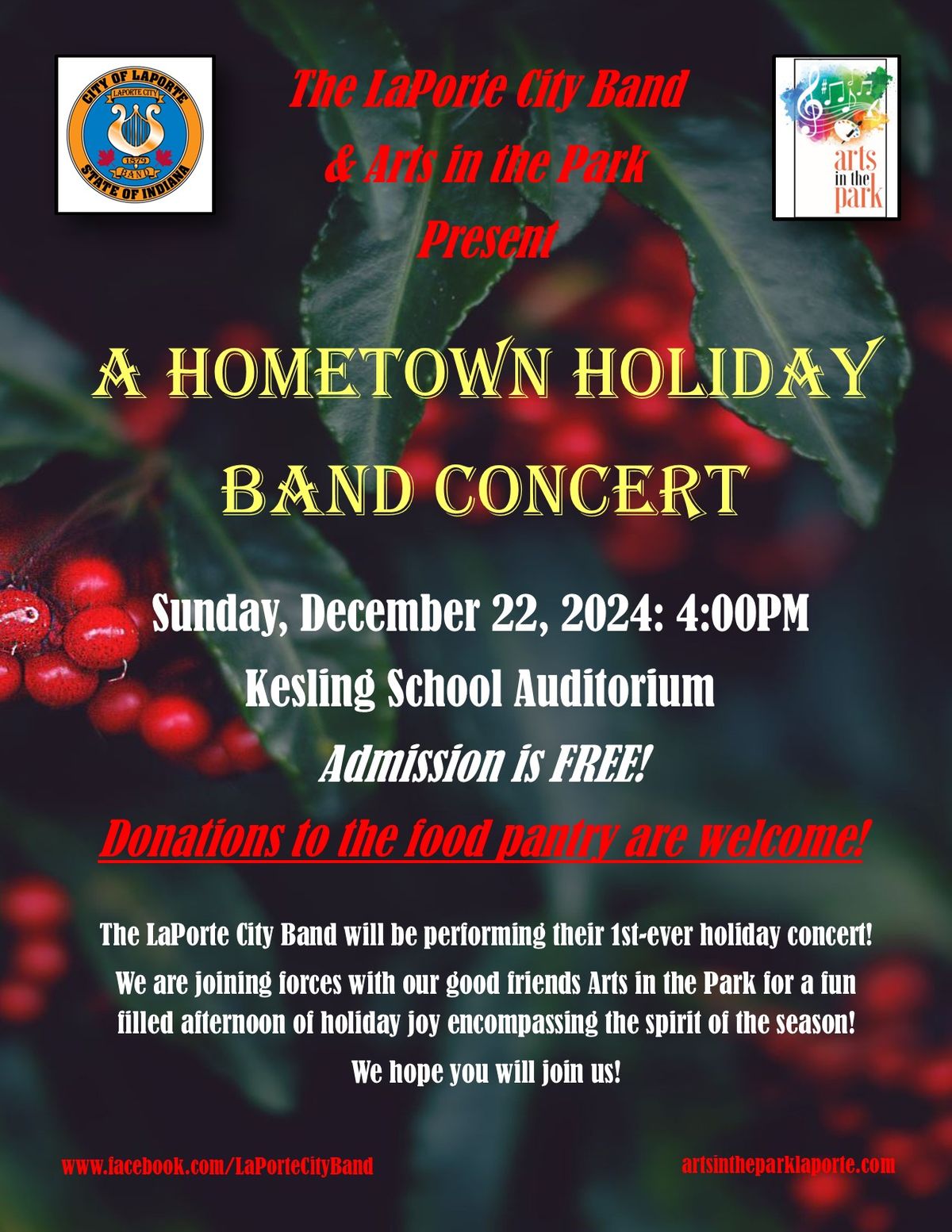 "A Hometown Holiday Band Concert" with the LaPorte City Band-Dec 22 4:00 pm Kesling Auditorium