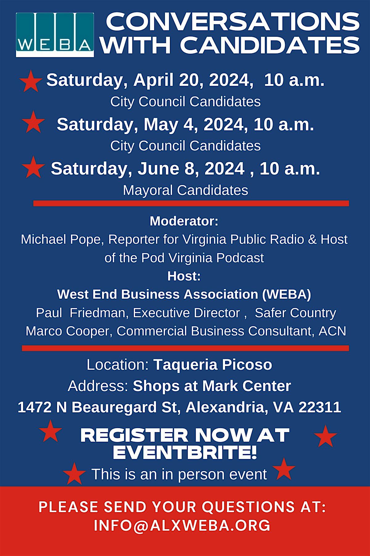 WEBA - Conversations with Mayoral Candidates, Saturday, June 8th