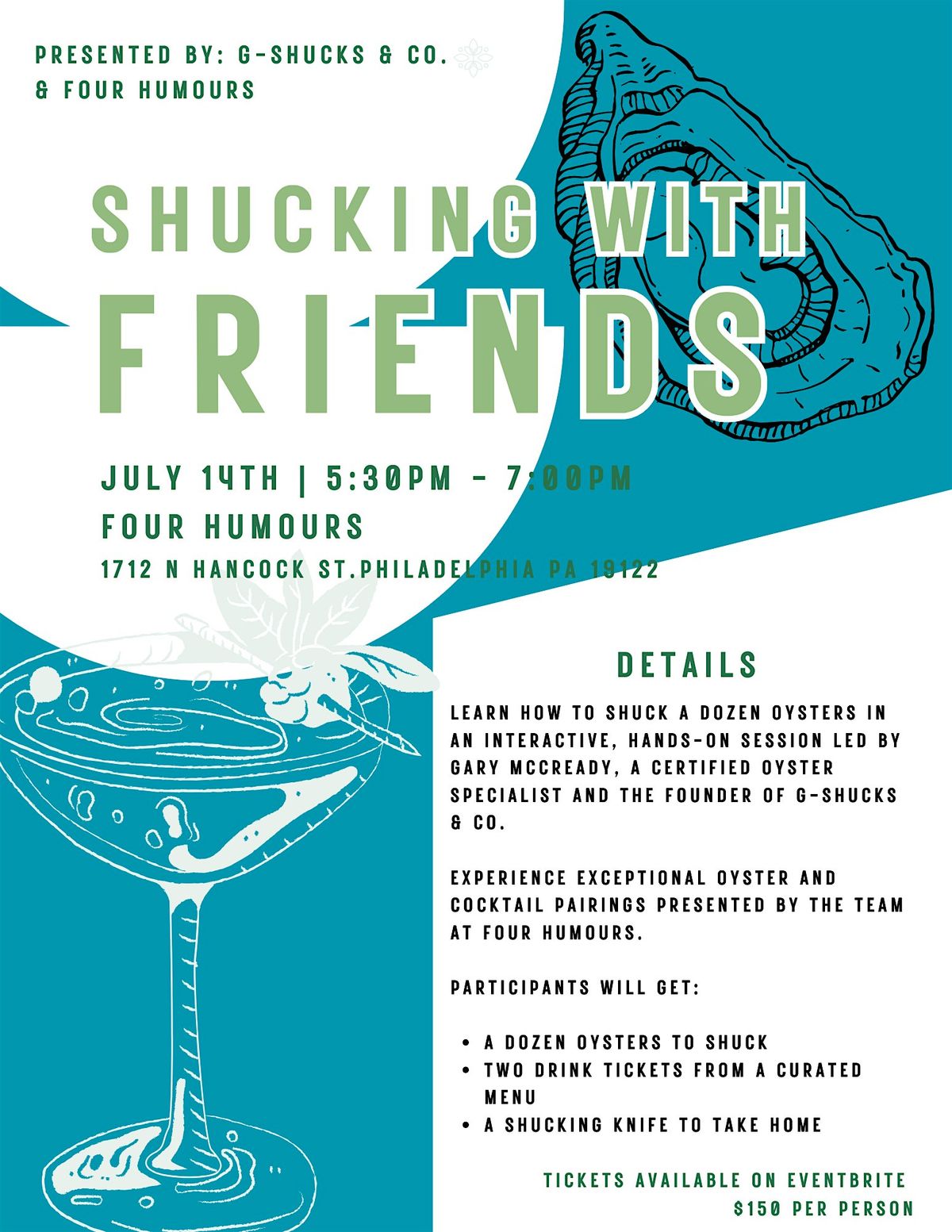 G-Shucks & Co. Presents: Shucking with Friends at Four Humours Distilling