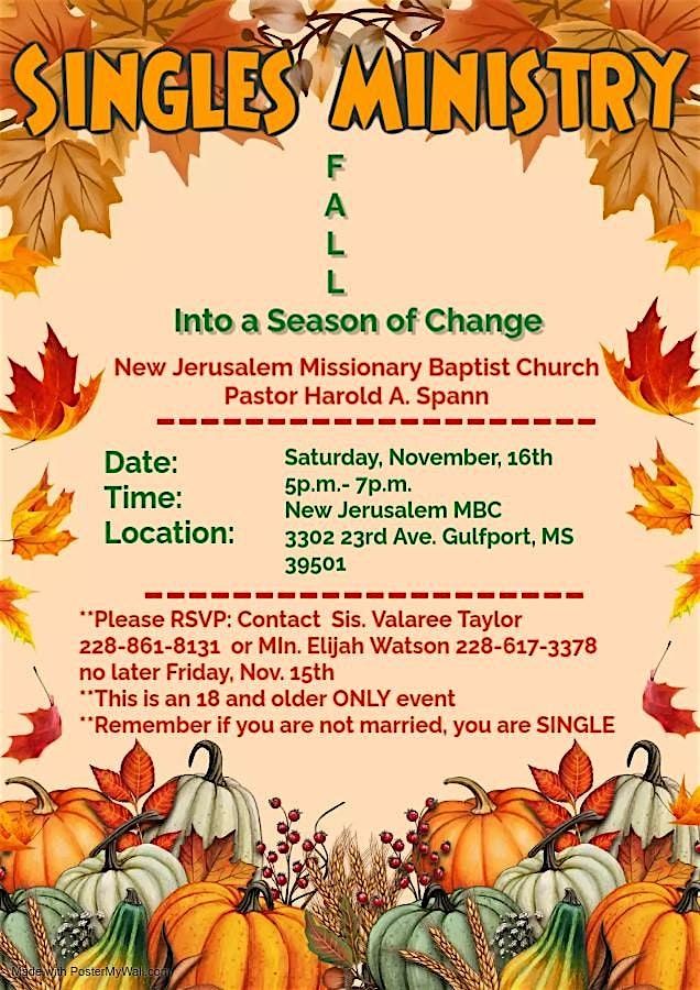 Singles Ministry Fall Meet- New Jerusalem