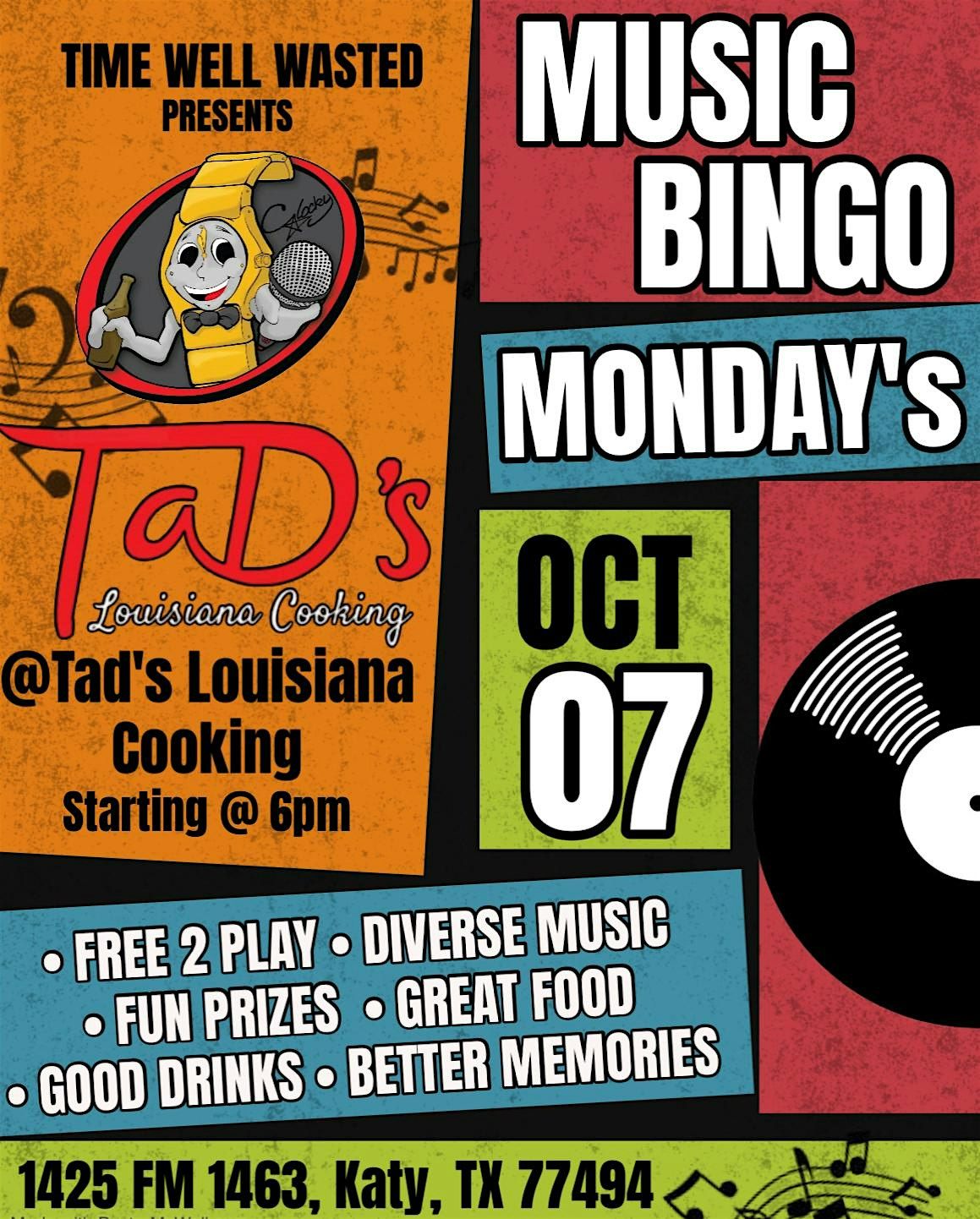 Music Bingo Mondays @ TAD's Louisiana Kitchen