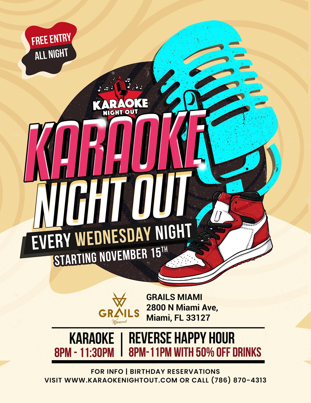 WEDNESDAY!  Karaoke Night Out at | GRAILS MIAMI WYNWOOD| 8PM - 12AM