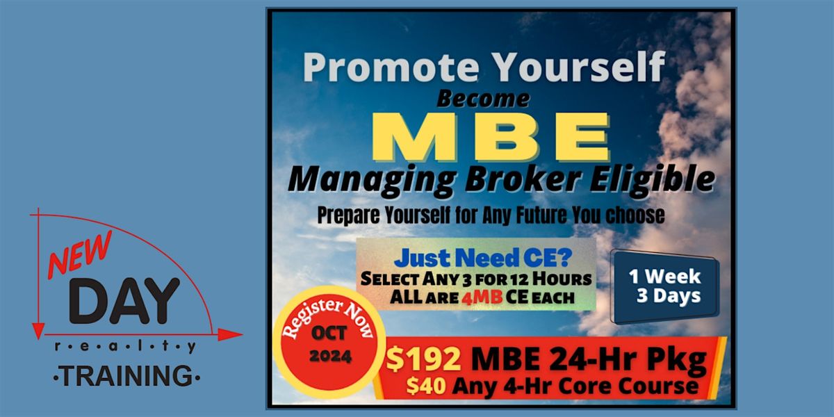 LIVE\/Online MBE24 Core Managing Broker Eligible Qualify & Broker Review CE