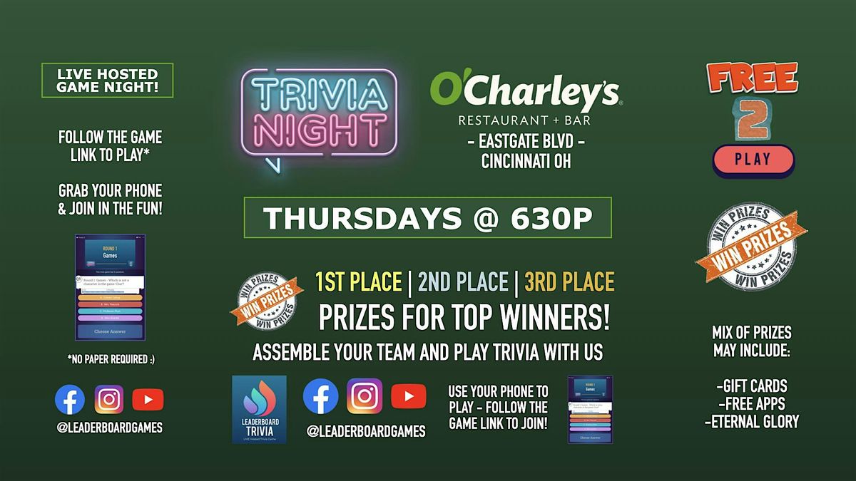 Trivia Night | O'Charley's - Cincinnati OH - THUR 630p - @LeaderboardGames