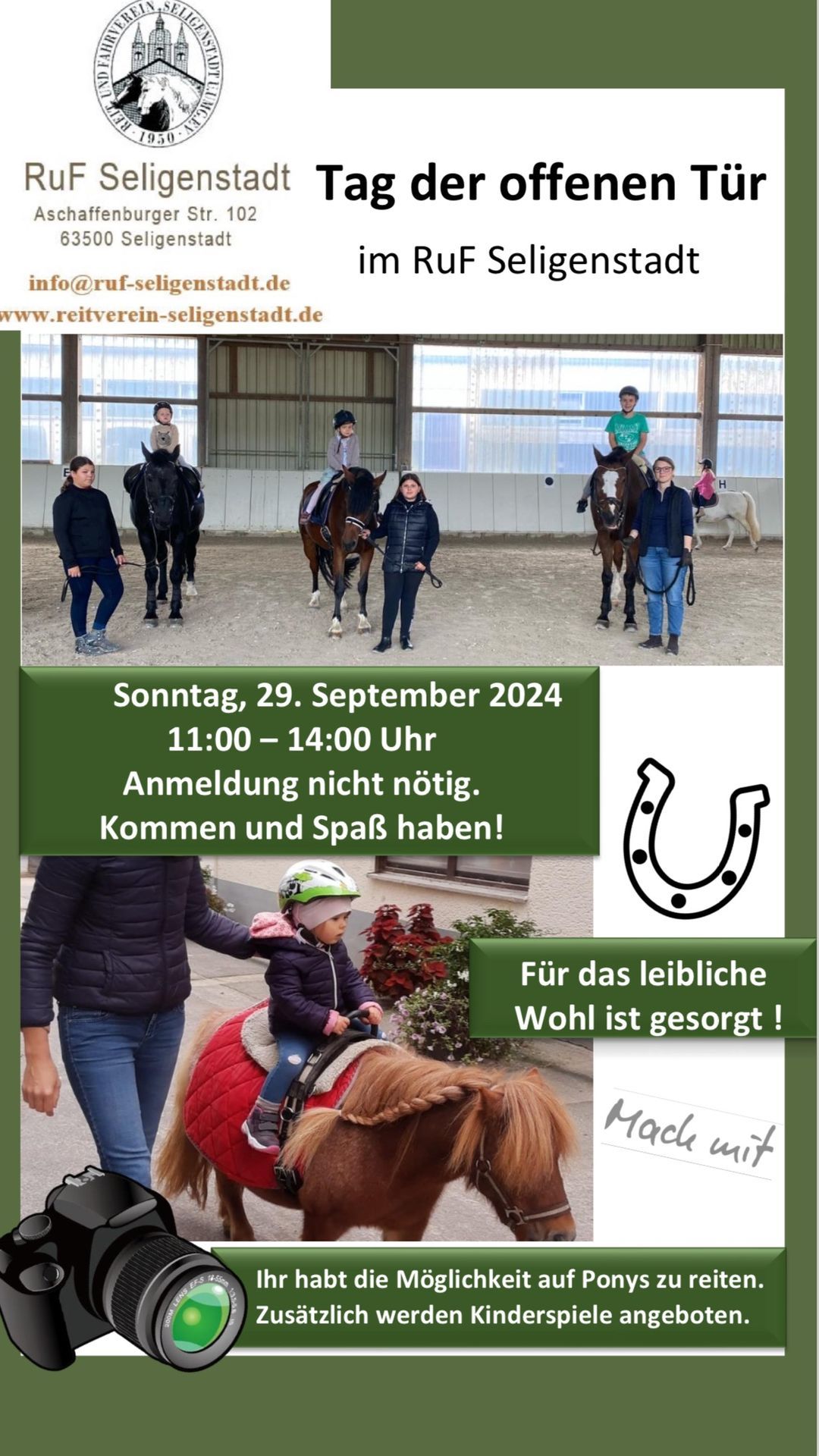 Tag der offenen Stallt\u00fcr mit Ponyreiten im RuF Seligenstadt!