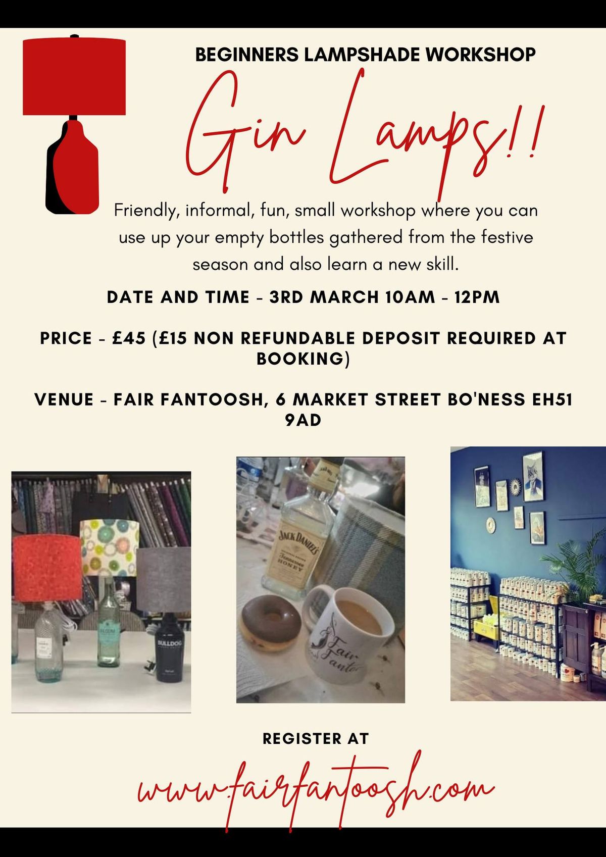 Beginners Lampshade Workshop - Gin Lamps Sunday 13th October 10am - 12pm