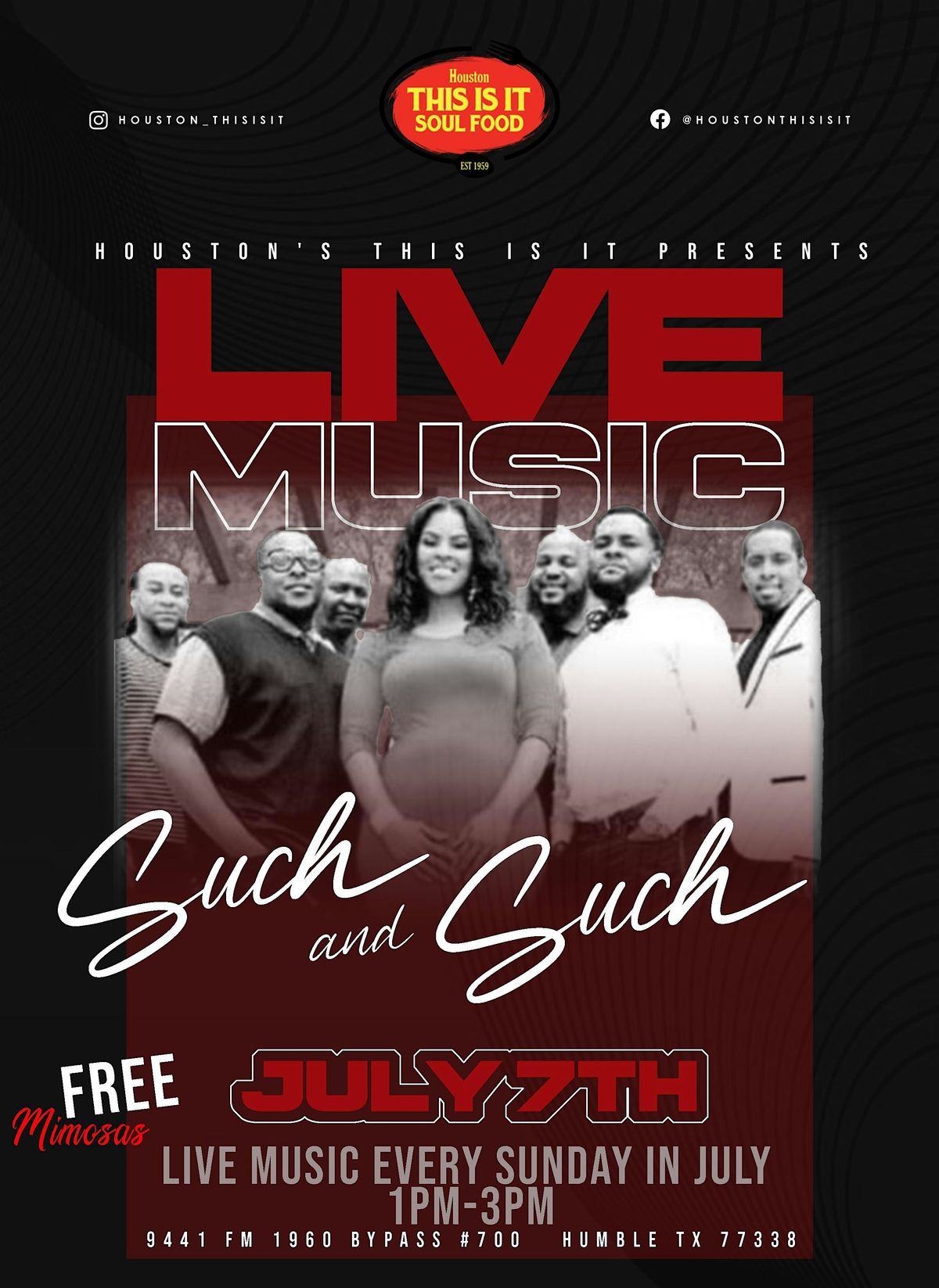 Live Music Sunday Summer Series at Houston This Is It in Humble with FREE MIMOSAS