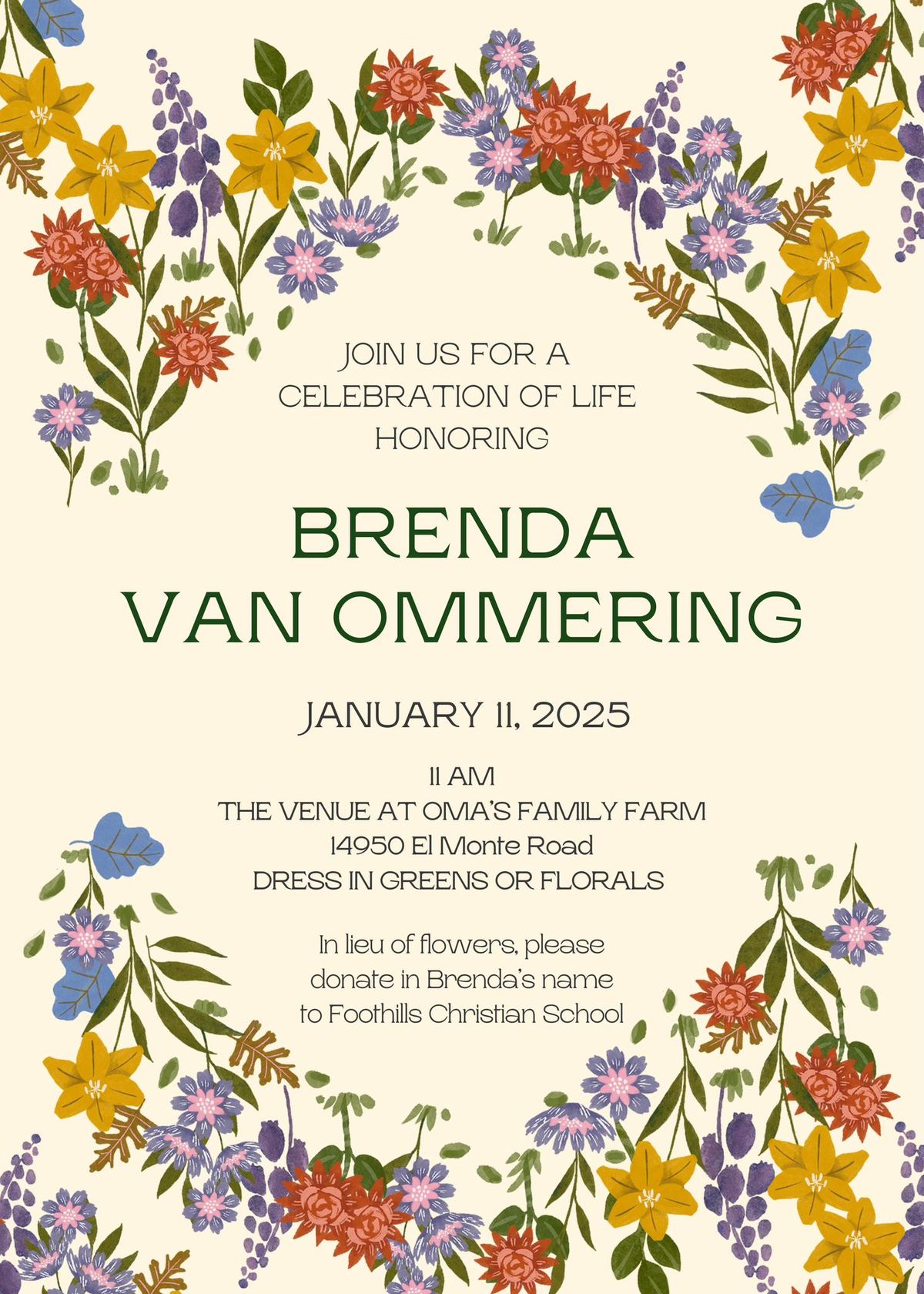 Celebration of Life Honoring Brenda Van Ommering