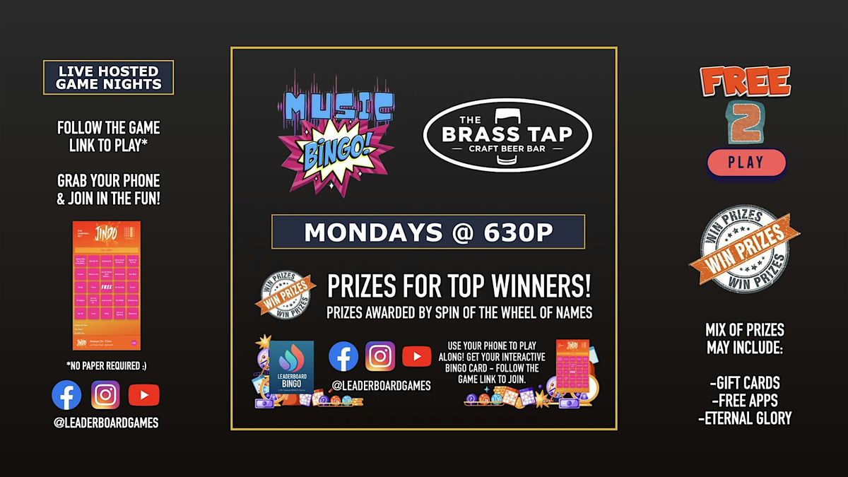 Music BINGO  | The Brass Tap - California MD - MON 630p @LeaderboardGames