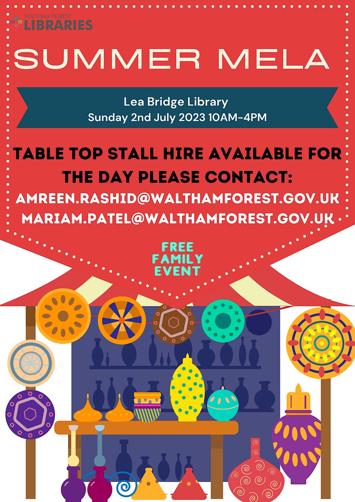 Summer Mela Stall Hire Lea Bridge Library, Lea Bridge Library, London