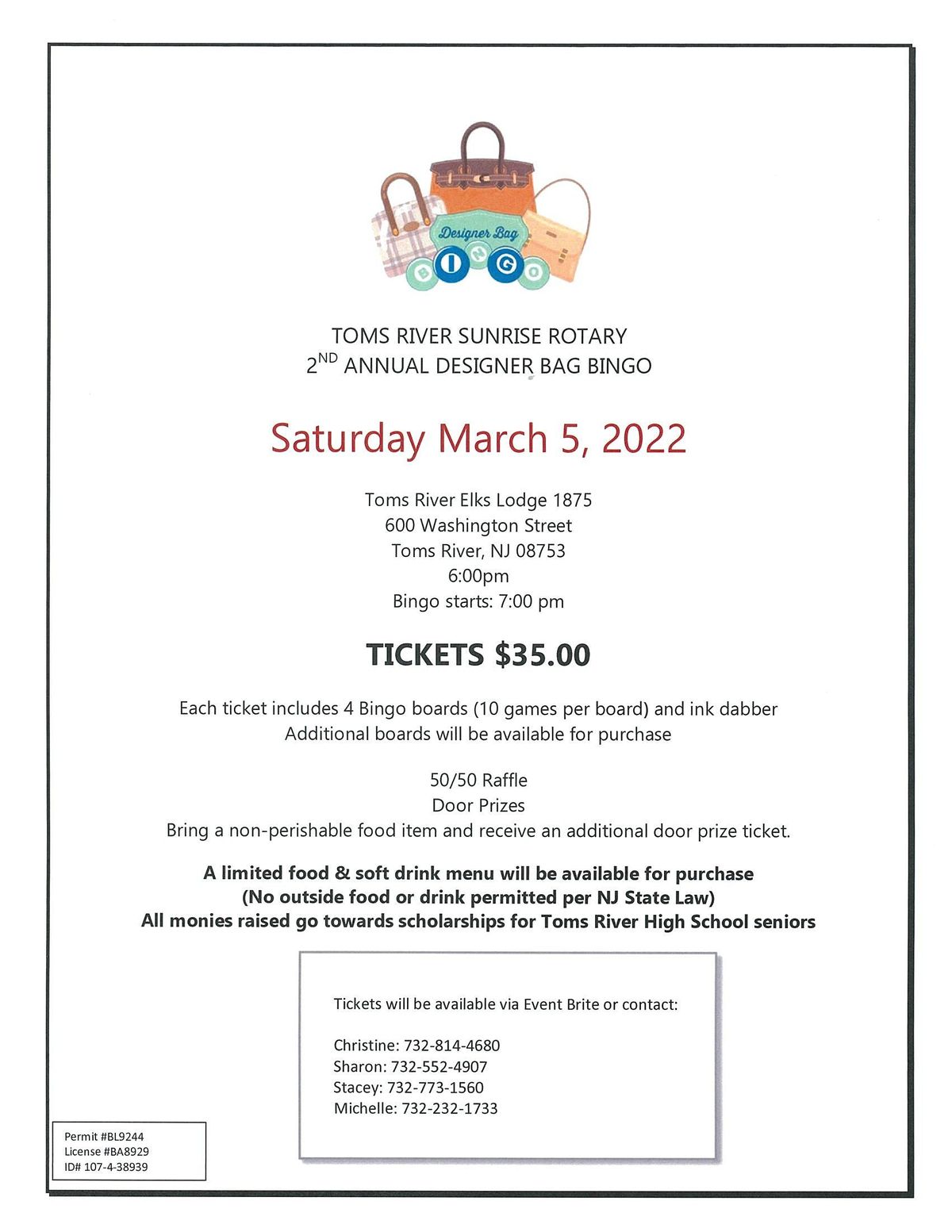 Designer Bag Bingo Toms River Elks Lodge 1875 5 March 2022 1011