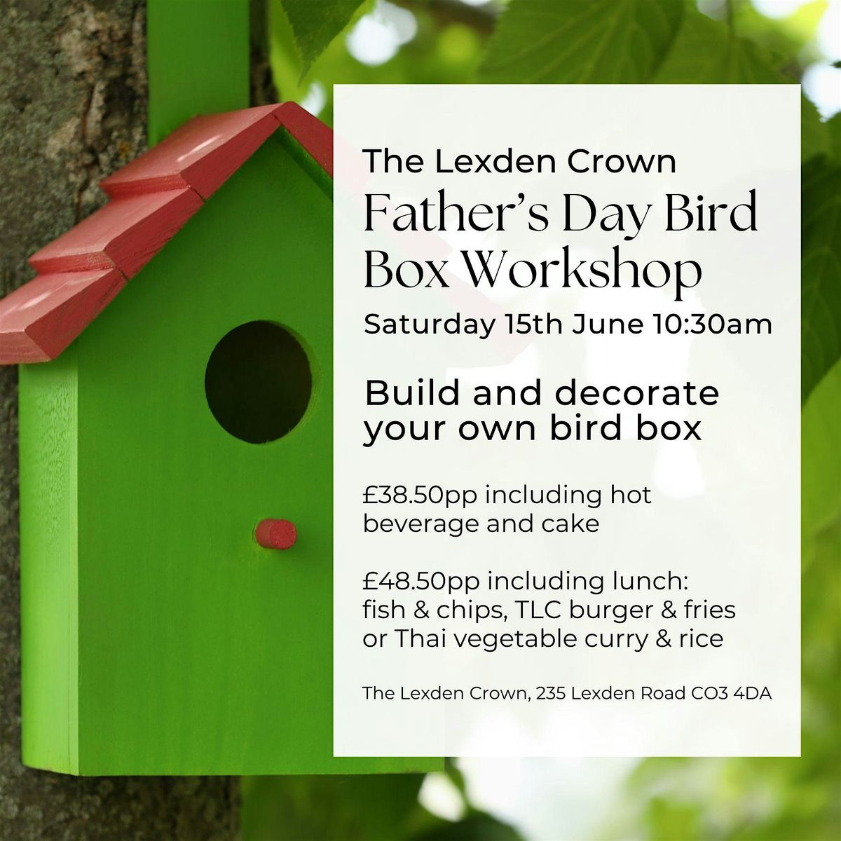 Father\u2019s Day Bird Box Workshop, hot drink and cakes or lunch