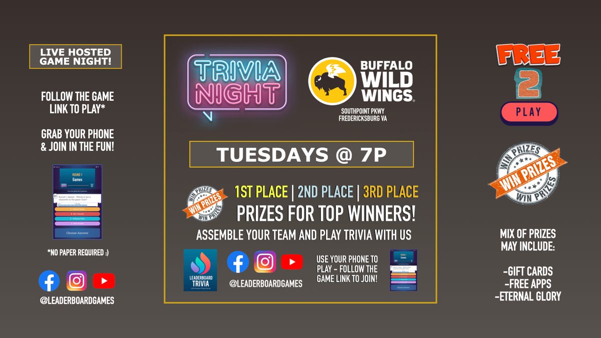 Trivia Night | Buffalo Wild Wings - Southpoint Fredericksburg VA - TUE 7p