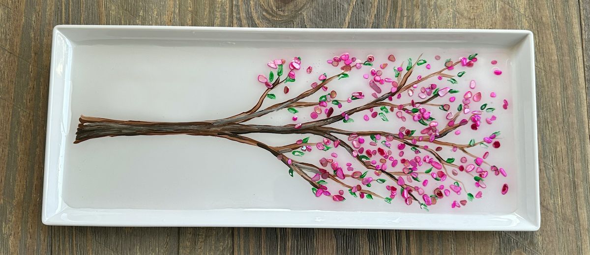 Crushed Glass Cherry Blossom Branch Charcuterie Tray Paint Sip Art Class