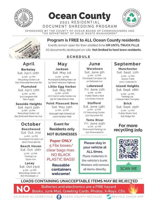 Somerset County Shredding Schedule 2022 Document Shredding Event - Brick Twp, 836 Ridge Rd, Brick, Nj 08724-1007,  United States, Sea Girt, 25 September 2021