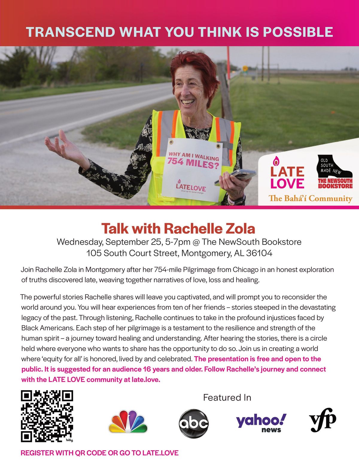 Rachelle Zola talks about her 754-mile pilgrimage for social change at The NewSouth Bookstore!