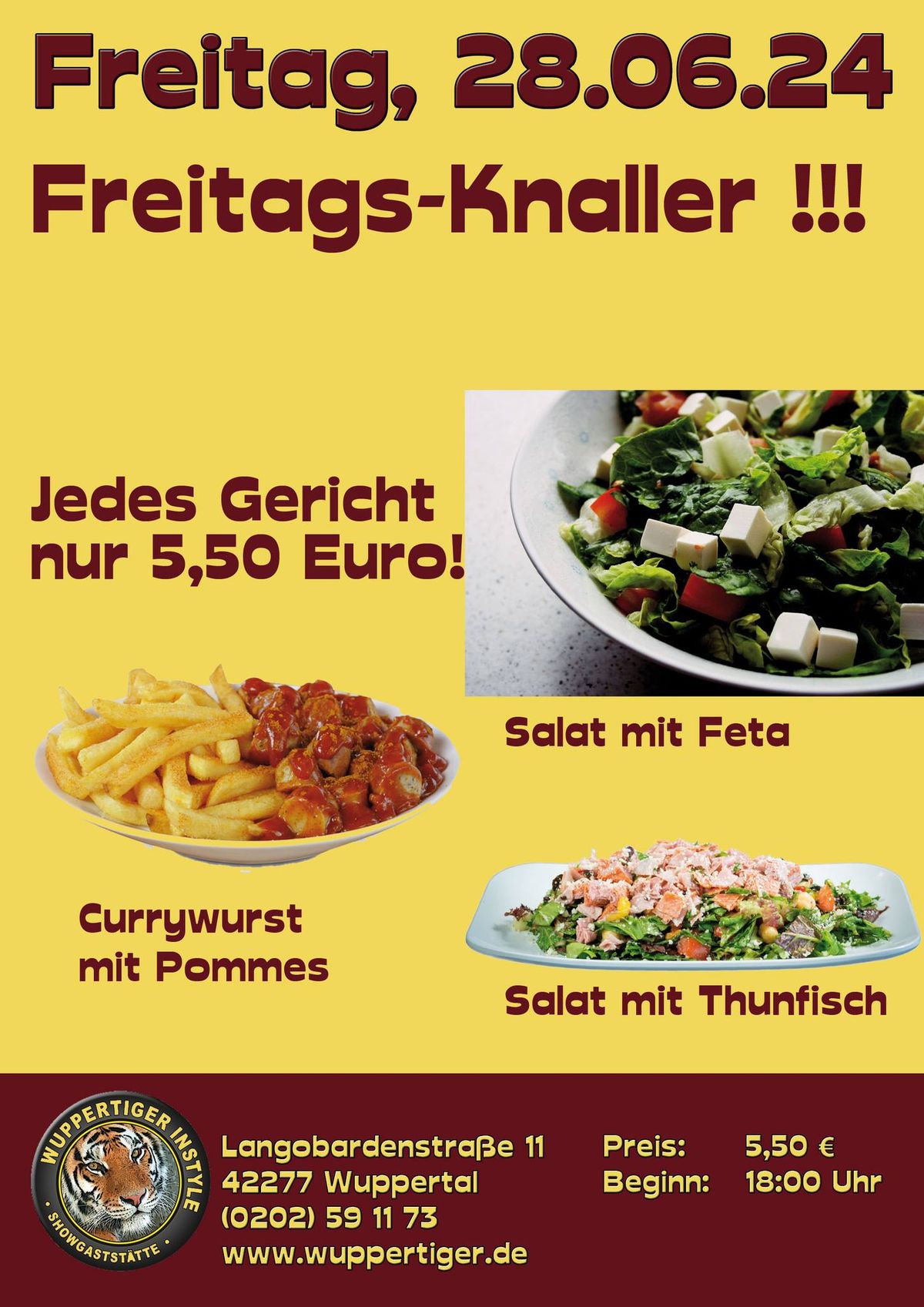 Freitags-Knaller  Gemischter Salat mit Feta oder Thunfisch oder Currywurst mit Pommes 