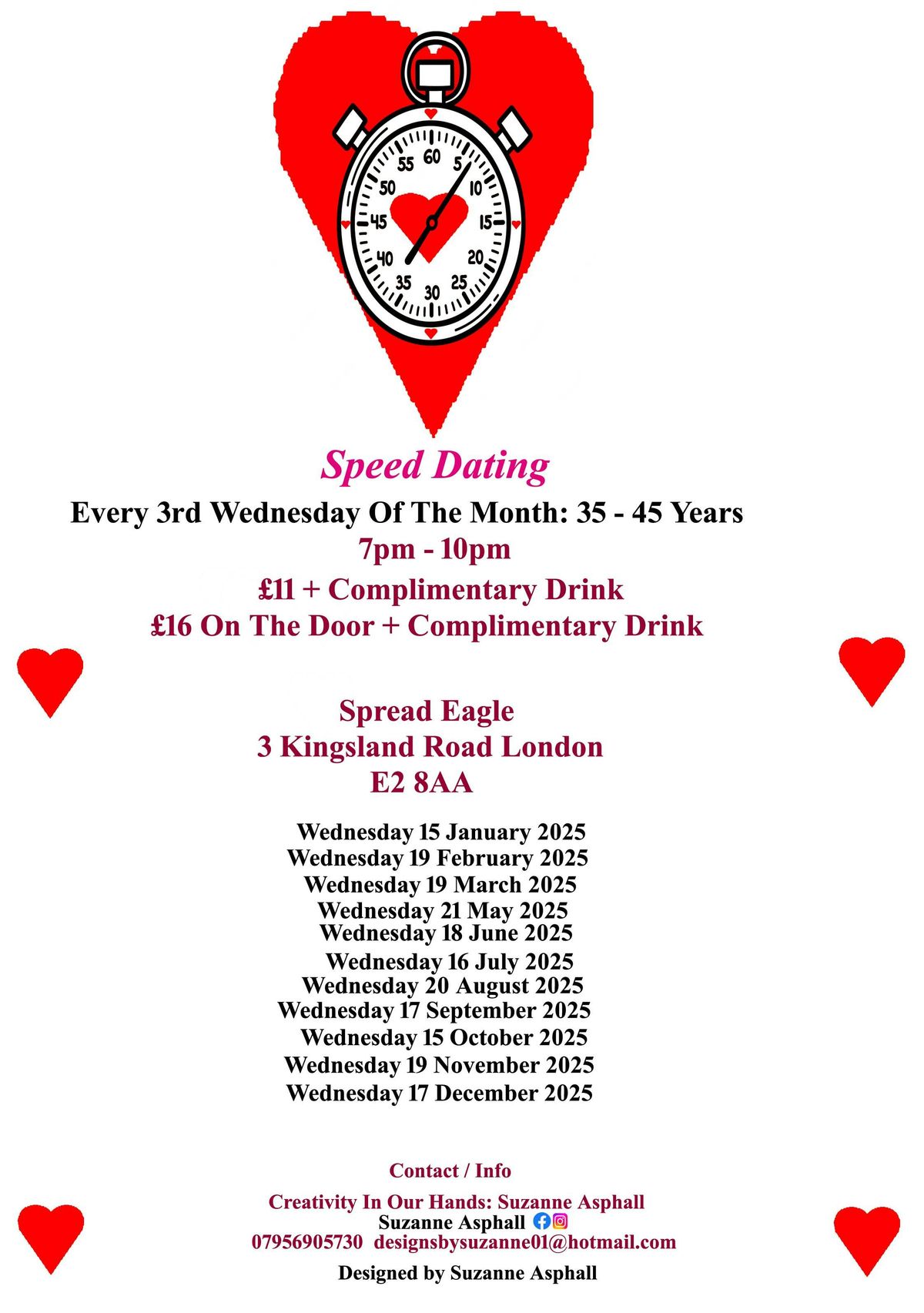 Speed Dating. Every 3rd Wednesday of the month: 35 \u2013 45 years.