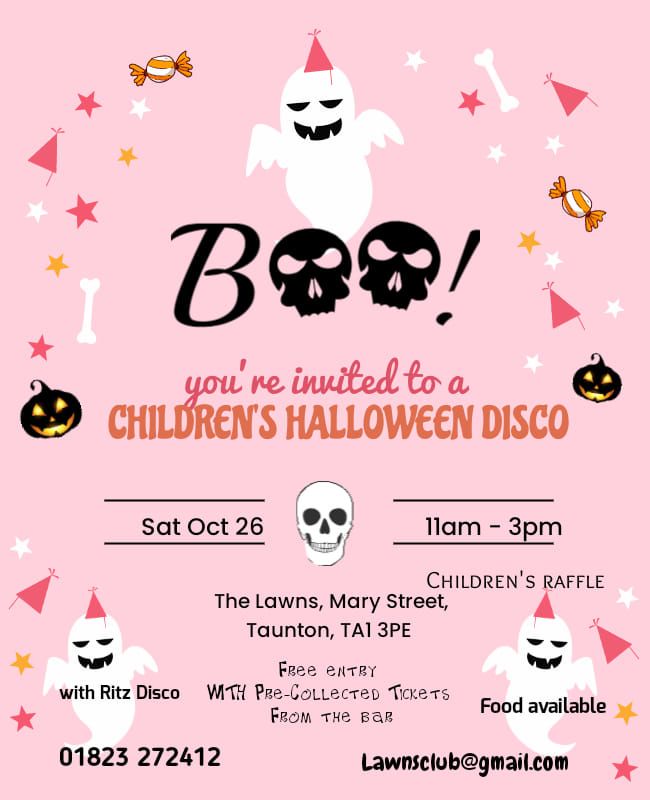 Childrens Halloween Disco, free entry, one ticket per person, please collect from the Club's bar