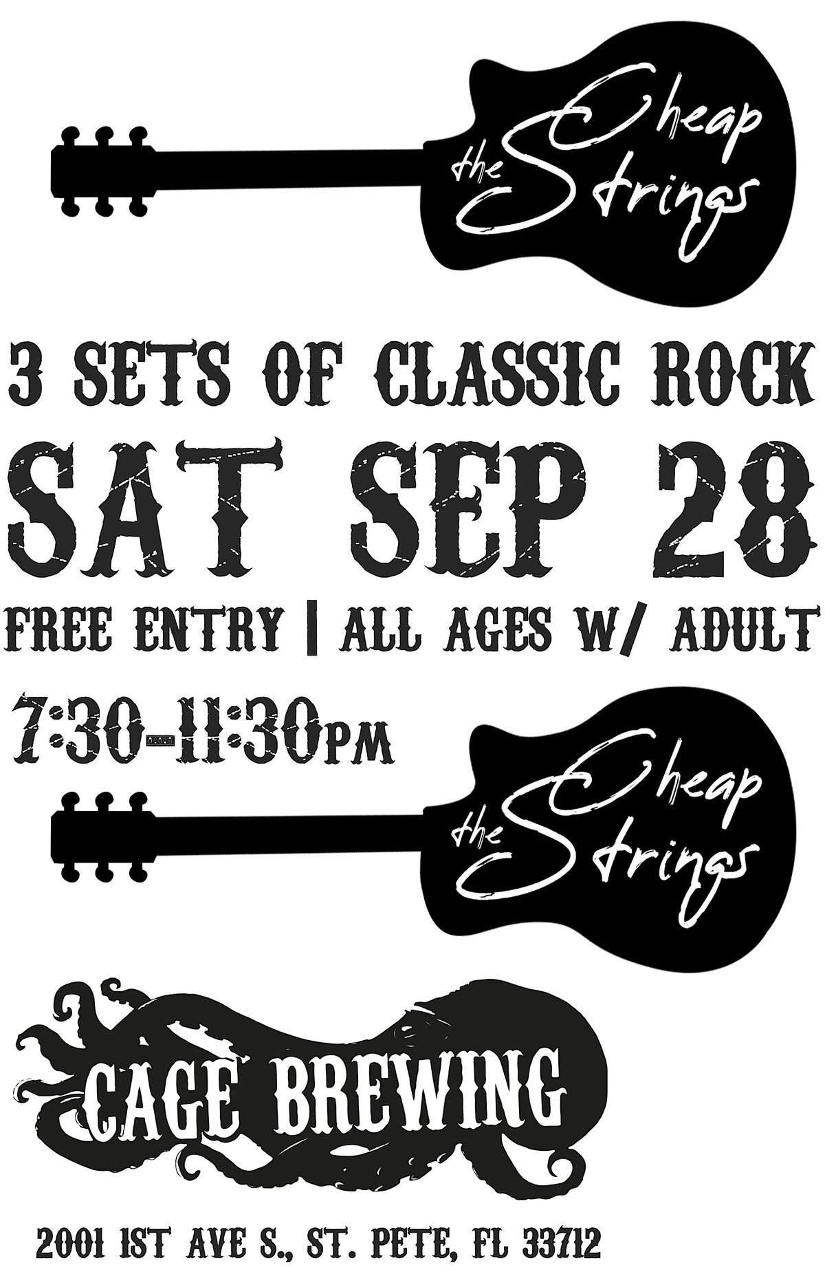 FREE ENTRY: The Cheap Strings LIVE | SAT SEP 28 | Cage Brewing, St. Pete, FL | 7:30pm | Classic Rock