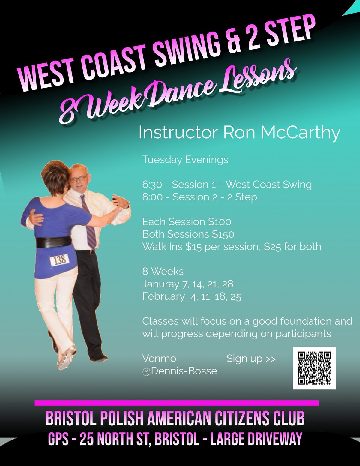 8 Week West Coast Swing and 2 Step Lessons with Ron McCarthy